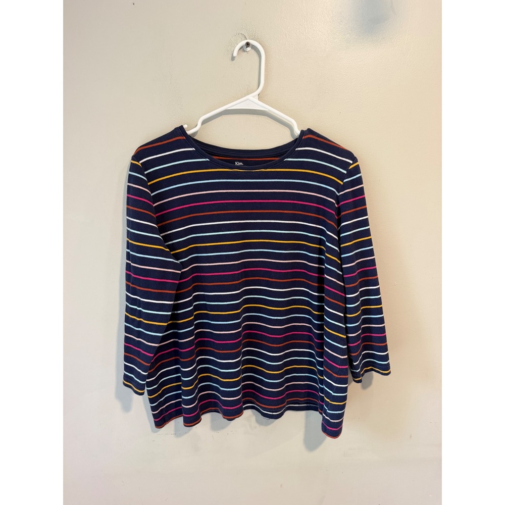 Kim Rogers Perfectly Soft Navy Multi Stripe 100% Cotton 3/4 Sleeve Top XL